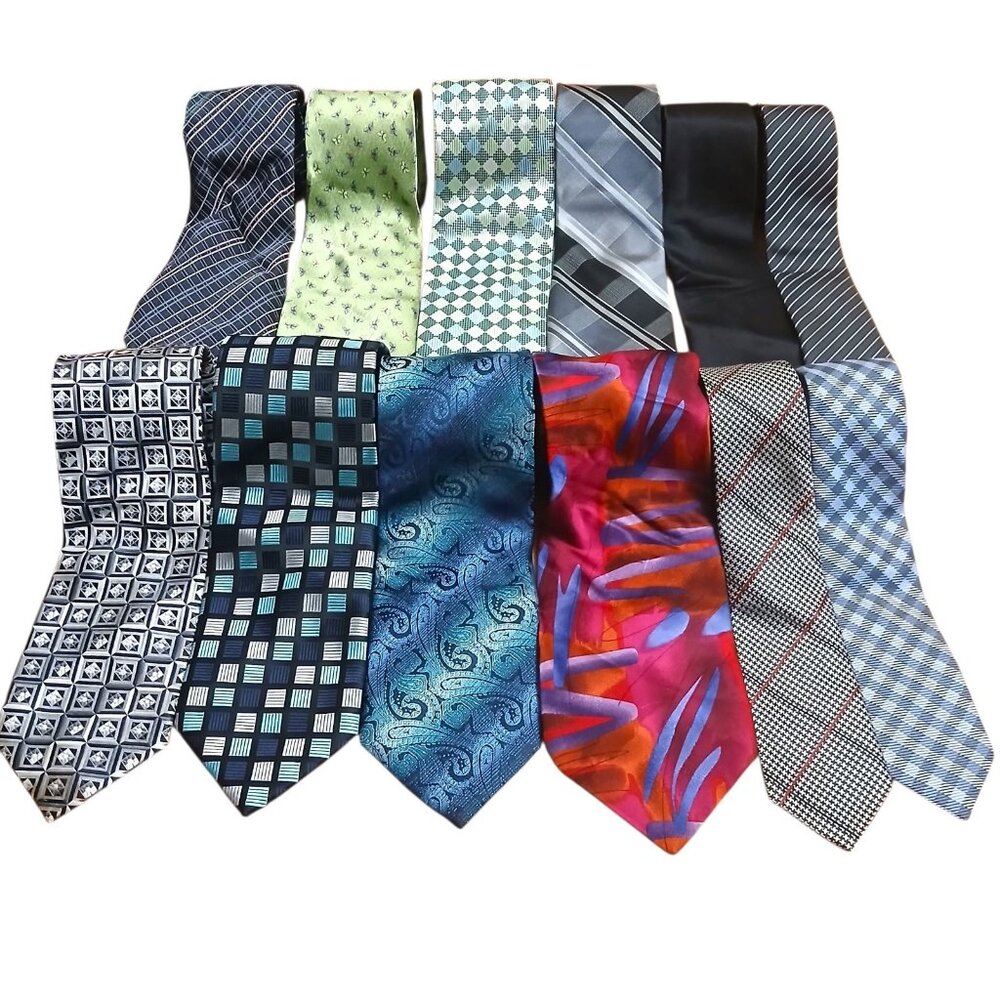 Men's Tie Lot Of 12 Black Gray Van Heusen Campia Blue Guru Geometric Silk